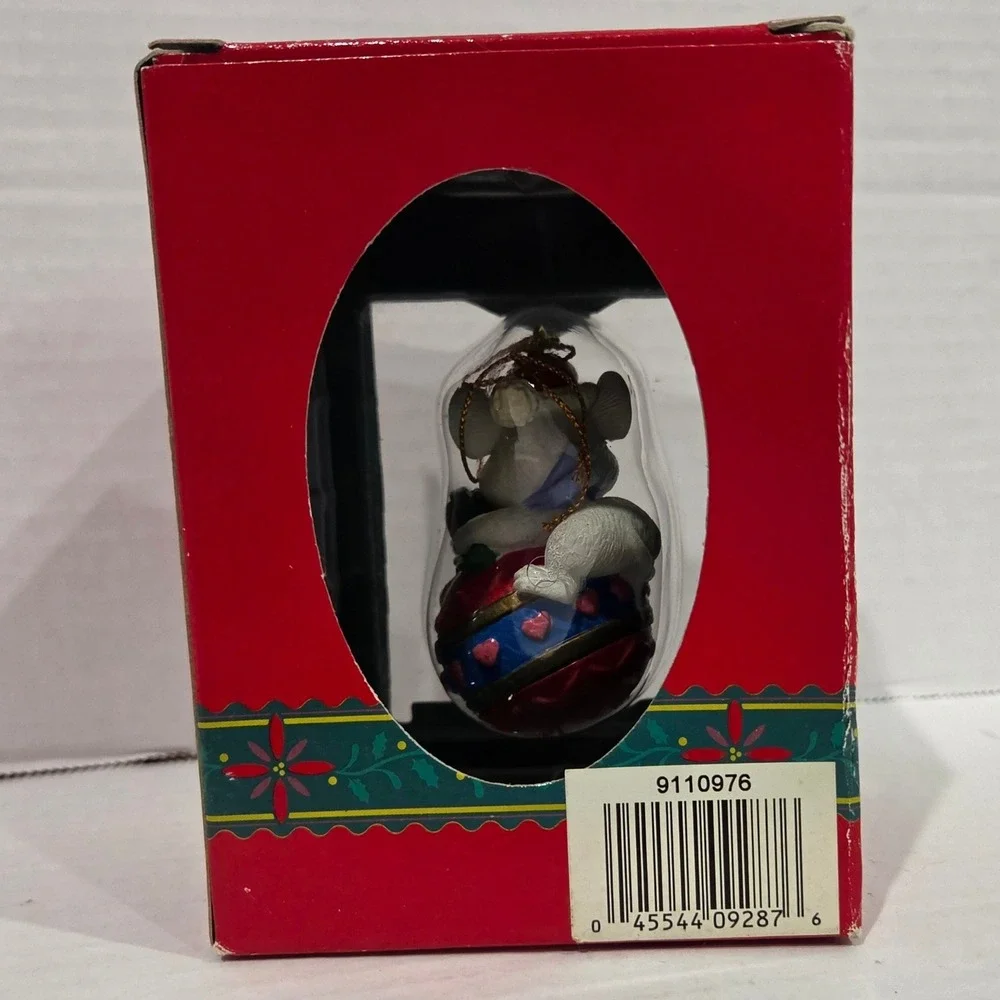Lustre Fame Christmas Ornament White Mouse on Heart Ball 9110976 Vintage Red Box